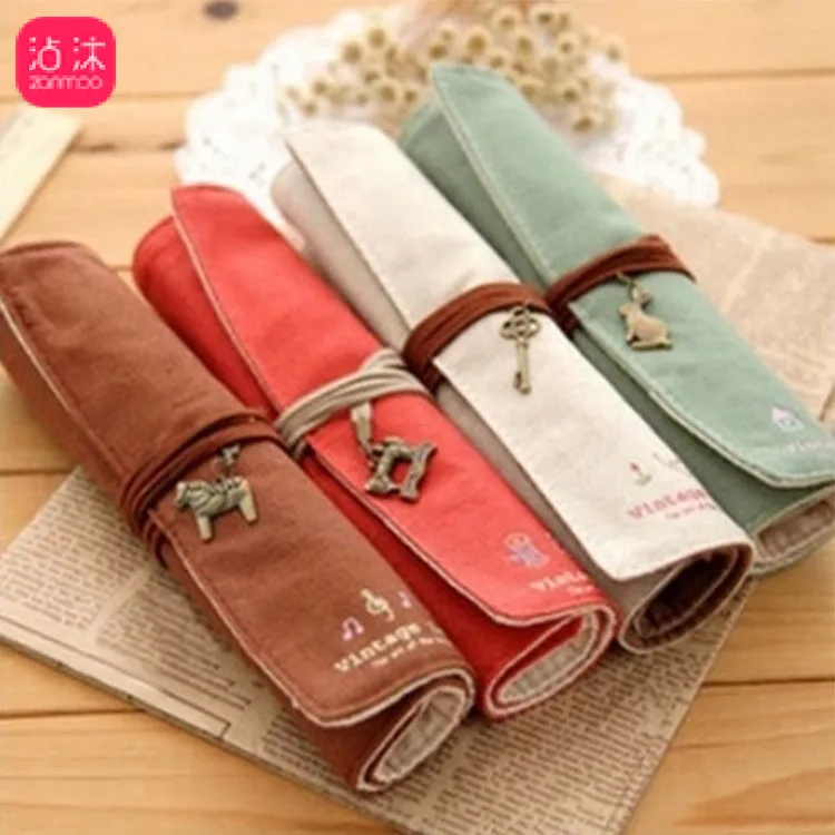 

Korean Retro Roll Canvas Pen Bag Curtain Creative Simple Student Stationery Office Supply Pencil Case Exquisite Jewelry Strap