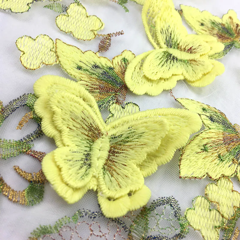 yellow fabric Изысканная 3D кружевная вышивка бабочки ткань многоцветная золотая нить свадебное платье свадебные ткани тюль ткань DIY платье материал - Цвет: yellow fabric
