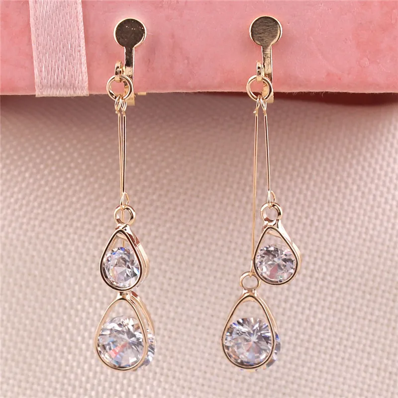 

Fashion Luxury AAA Cubic Zircon Long Double Teardrop Shape Clip on Earrings and Pierced Earrings for Women Gorgeous Ornament New