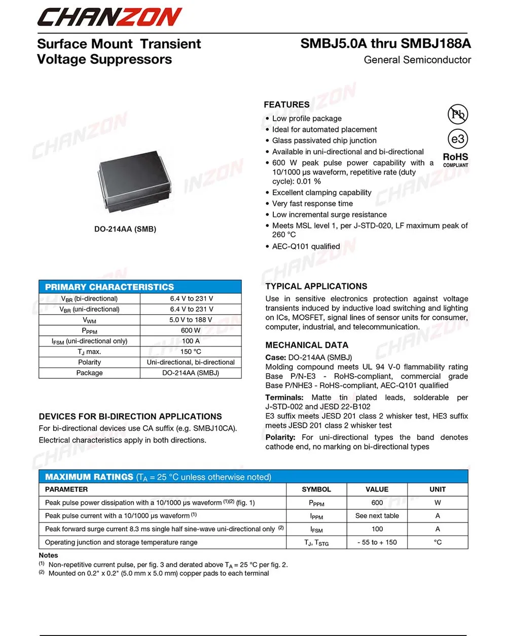 (50 шт.) диоды SMD TVS SMBJ15A SMBJ15 600 Вт 15 в SMB (DO 214AA) Однонаправленный канал вольт|tvs diode|smd tvs