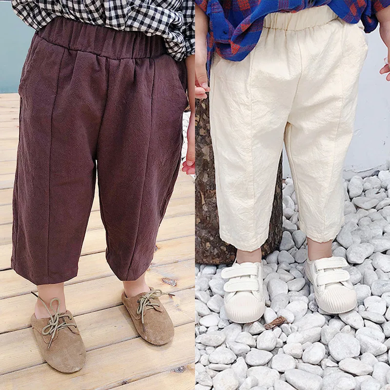 Брюки детские осенние однотонные из хлопка и конопли повседневные штаны с