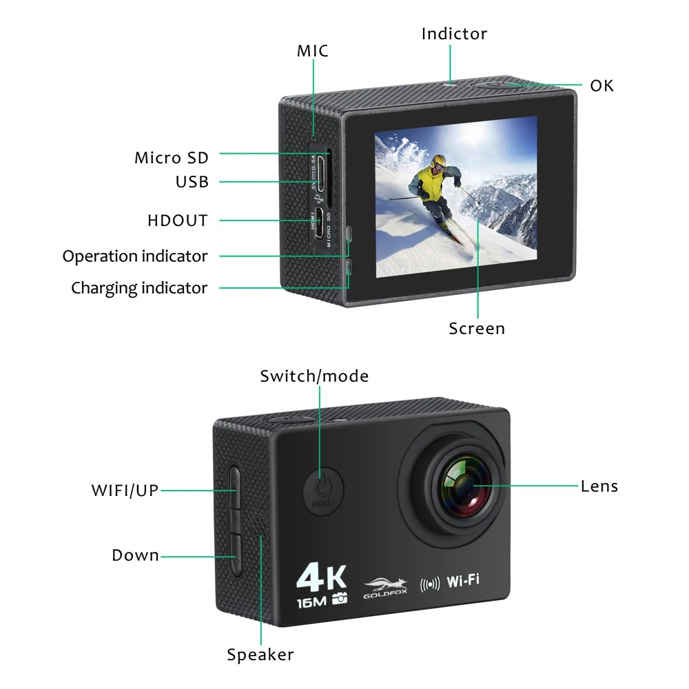 Со сверхвысоким разрешением Ultra HD, 4K WiFi экшн Камера HD 1080P спорт на открытом воздухе Камера 2 дюймов ЖК-дисплей Экран 170 объектива для подводного плавания Водонепроницаемый DV DVR видеокамеры шлем Камера