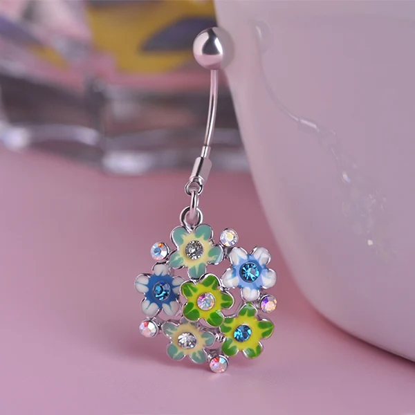 Esmalte Эмаль Цветы Пупка Кнопки Живота Кольца Пирсинг Розовое Золото Кристаллы