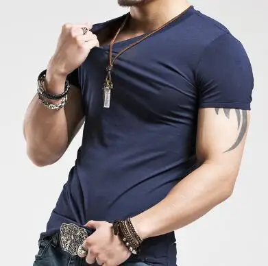 2019 эластичные Для мужчин футболка с О образным вырезом короткий рукав для