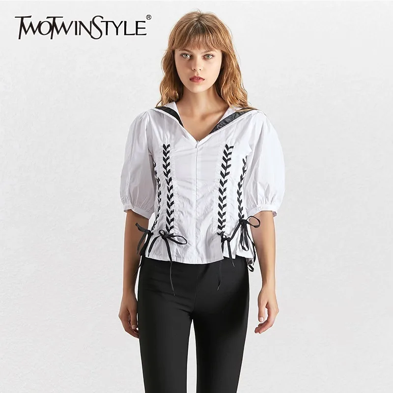 TWOTWINSTYLE Casual Bandage Blouse For Women O Neck Puff Sleeve Tunic Shirt Female Fashion Preppy Style Clothes 2019 Summer |