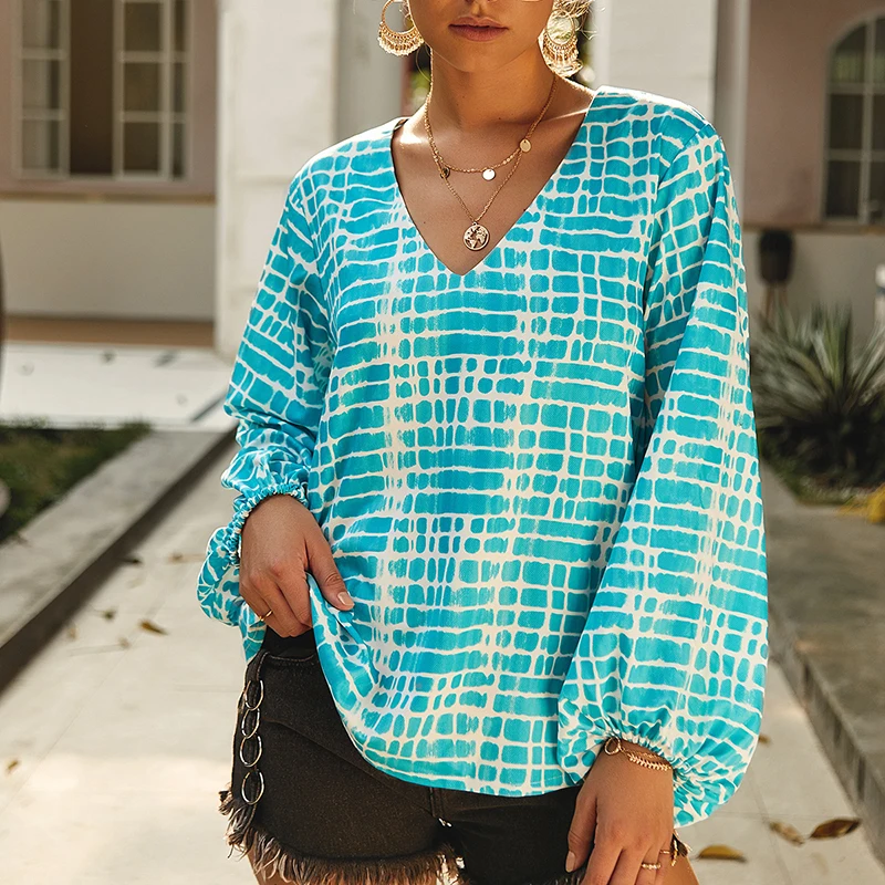 Women Tops Blouse Loose Casual Fashion Office Baggy Boho Plus size Tee Party V Neck Long Sleeves Shirt Printed |