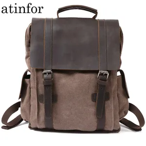 Винтажный холщовый рюкзак из натуральной кожи для мужчин и женщин, школьный ранец, износостойкий дорожный портфель для ноутбука 15,6 дюйма