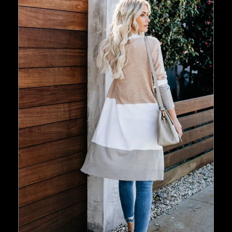 

Open stitch knitted sweater cardigan women Color patchwork pocket long cardigan coat Women's sweater Knitting cardigans