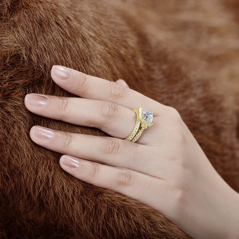 AINUOSHI 3 карата огранка камня «asscher Cut» Halo Кольцо Набор обручальное кольцо с искусственным бриллиантом Свадебный набор серебряных колец ювелирные изделия для женщин