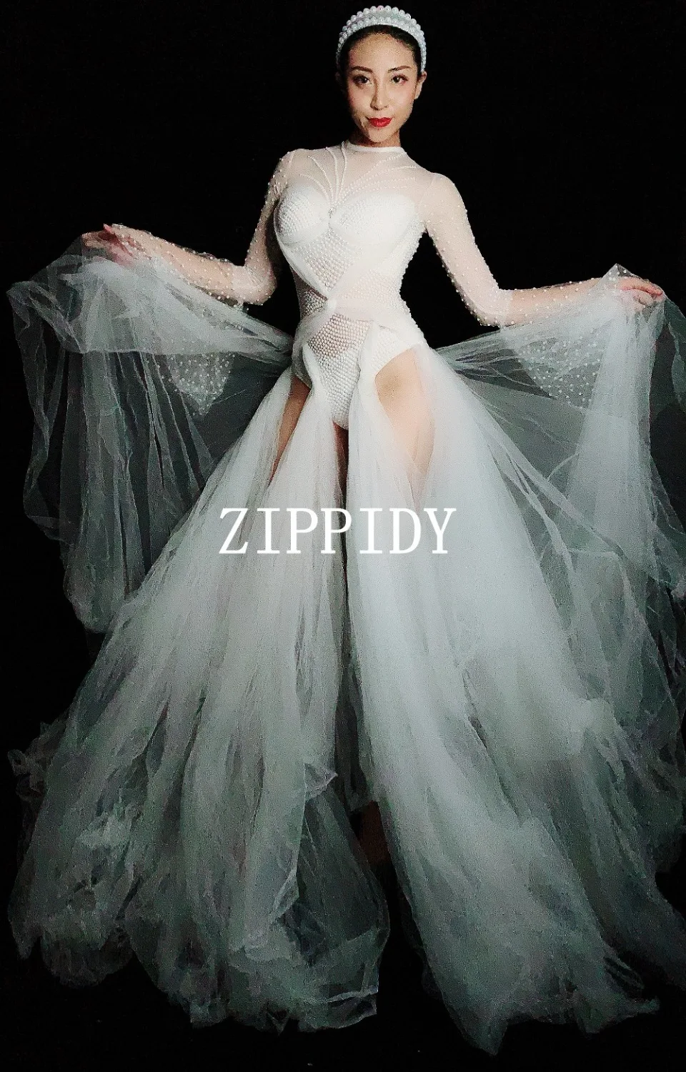 2019 White Rhinestones Mesh Bodysuit Nightclub Stage Female Singer Costume Women's Birthday Outfit Bar Dance See Through Outfit