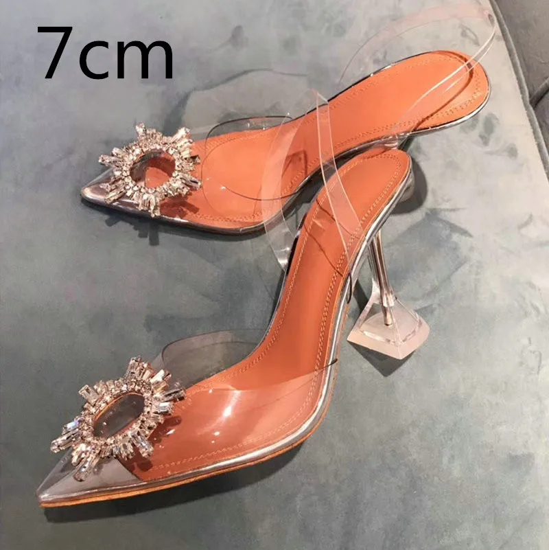 Heel height 7cm Прозрачная обувь из ПВХ, 34-42 г. Новые летние туфли на нечетном каблуке с острым носком женская обувь на шпильке с украшением от солнца, дикая обувь с Героями сказок - Цвет: Heel height 7cm