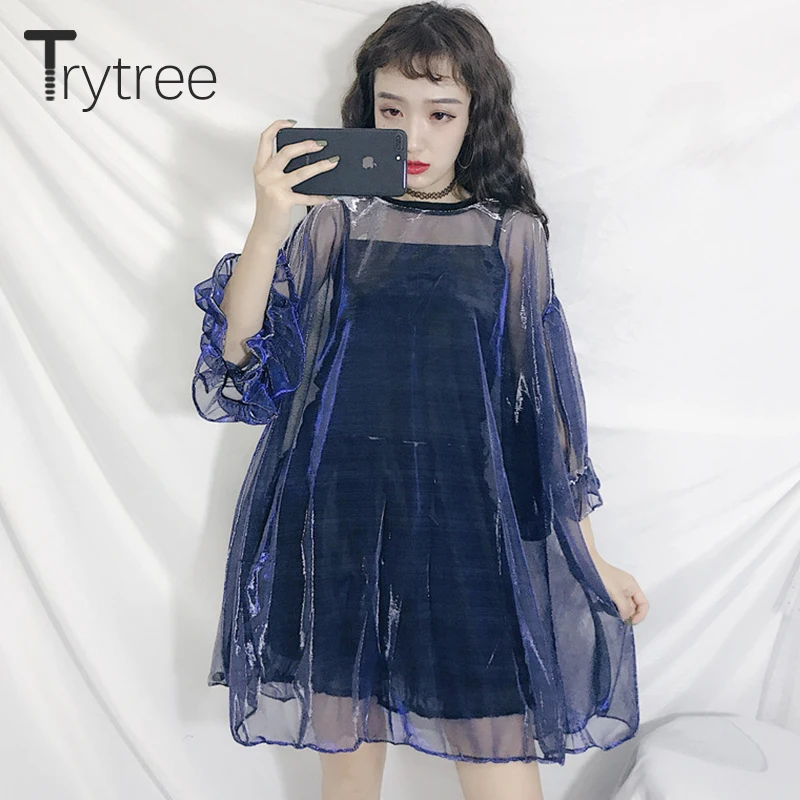 Trytree летнее платье повседневное женское с круглым вырезом и рукавом фонариком в