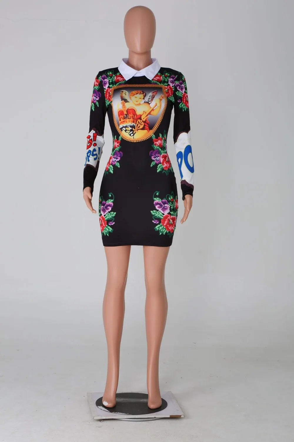 

OMILKA 2019 Autumn Winter Women Long Sleeve Peter Pan Collar Printed Dress Sexy Black Red Club Party Bodycon Mini Dress