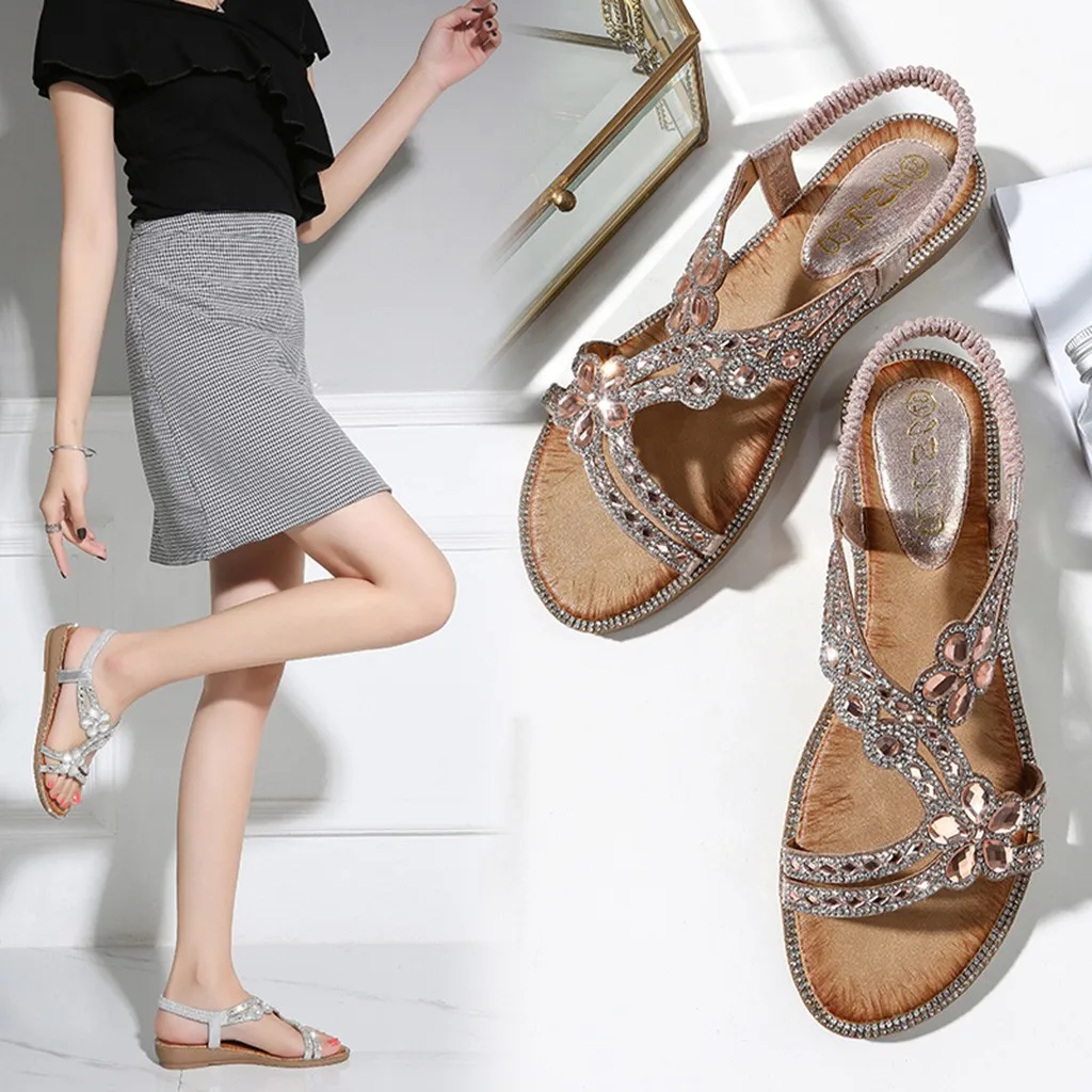 Богемные летние для женщин zapatos De Mujer дамы Шикарный цветок кристалл плоский
