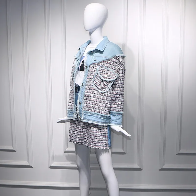 Женский джинсовый клетчатый комплект из 2 предметов свободный жакет с карманами