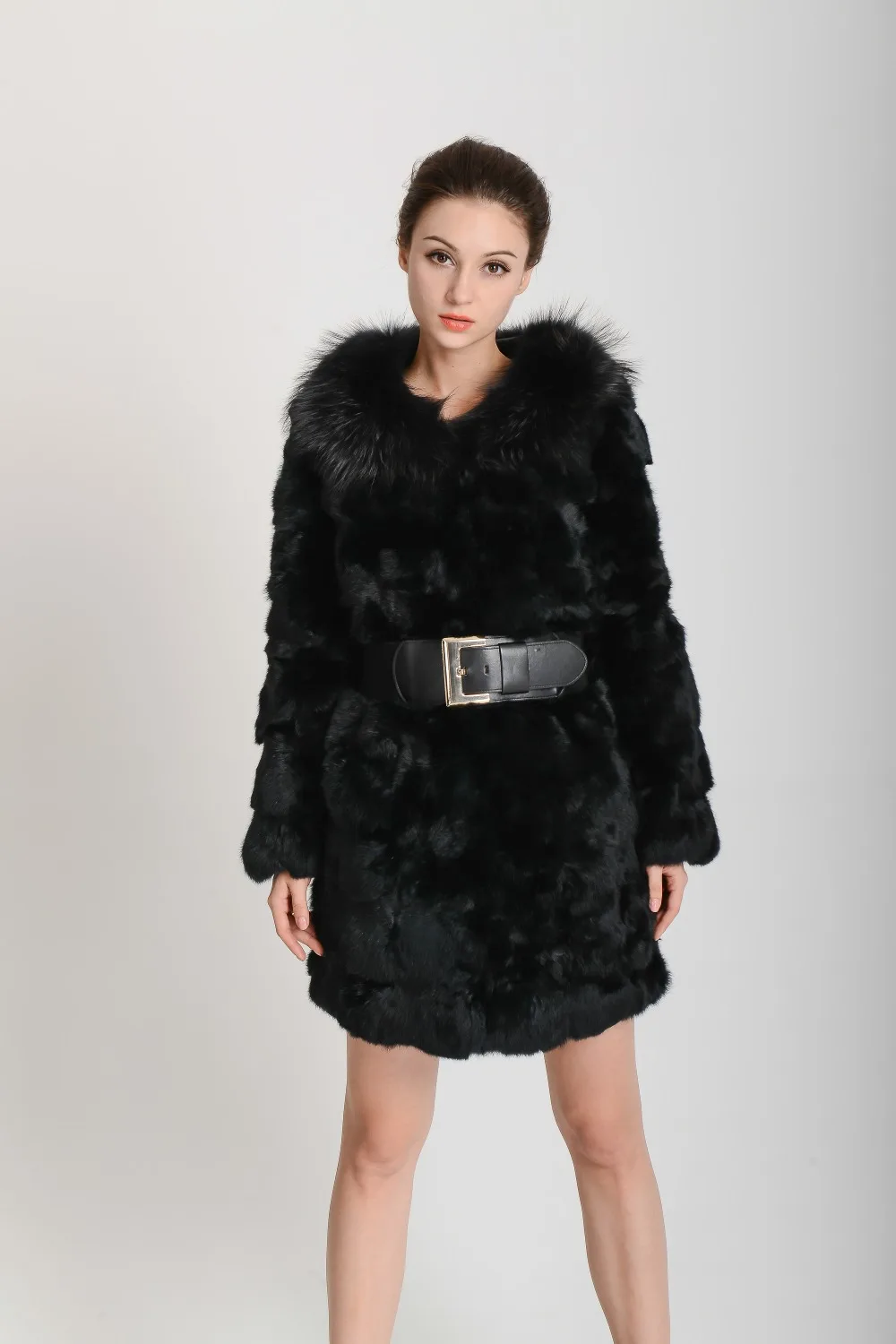 Luxury Genuine Thick Rabbit Fur Coat with 100% Real Fox Collar Warm Winter Long Jacket Factory Wholesale Overcoat KAH268 | Женская