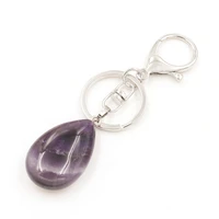 fyjs unique jewelry silver plated circle hollow with natural purple amethysts stone water drop key chain
