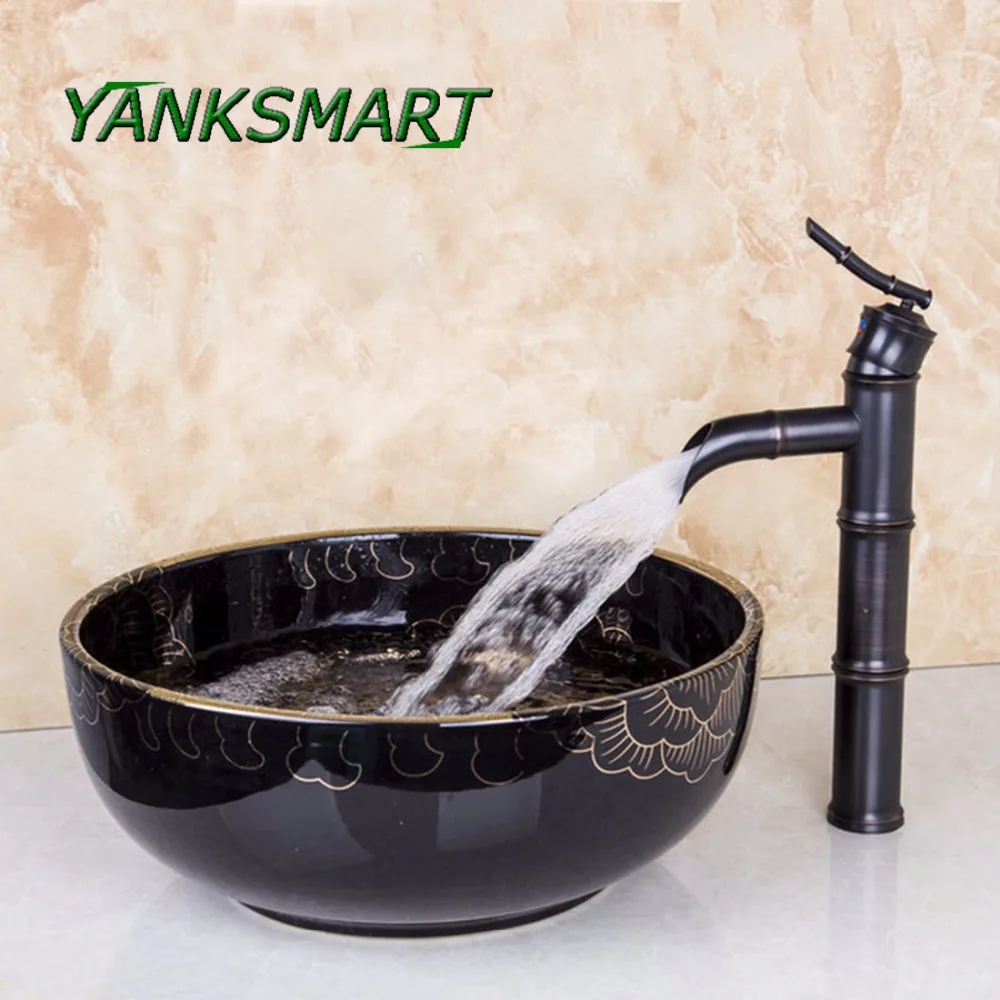 YANKSMART бамбуковый дизайн кран + керамическая сантехника круглая раковина для