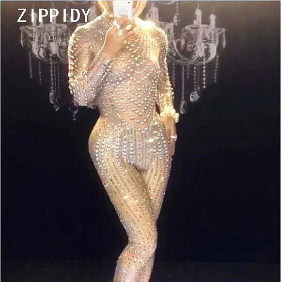 Sparkly Rhinestones Pearls Sexy Jumpsuit Nightclub DS Performance Party Celebrate Bright Bodysuit Nude Stretch One-piece Outfit