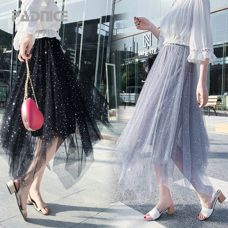 Летняя женская юбка чистый цвет асимметричная газовая средней длины с блестками