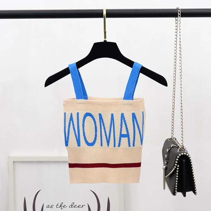 Бежевый ALPHALMODA Для женщин Стиль Письмо Вязание Chic укороченные трикотажная кофточка блок Цвет короткие Трикотажный Слинг Топ Спортивная летние майки - Цвет: Бежевый