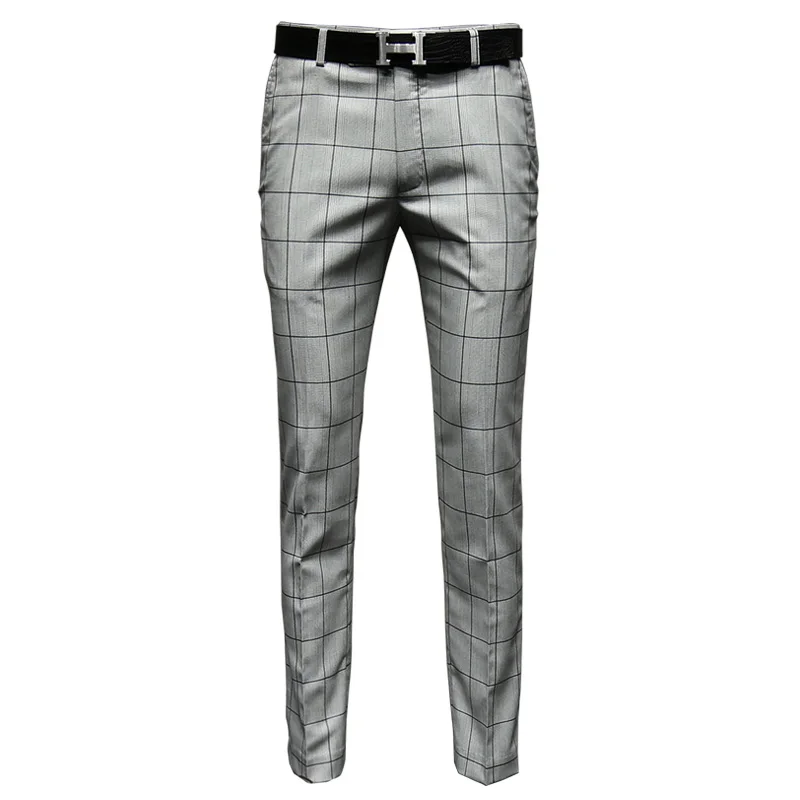 

mens dress pants light grey plaid Korean style slim fit casual long pants spring new arrivals wedding groom wear business pant