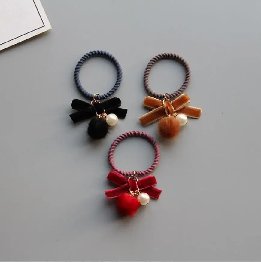 5pcs/lot Baby Girl Kids Hair Accessories Velvet Bow Faux Pearl Ball Elastic Tie Rope Band | Детская одежда и обувь