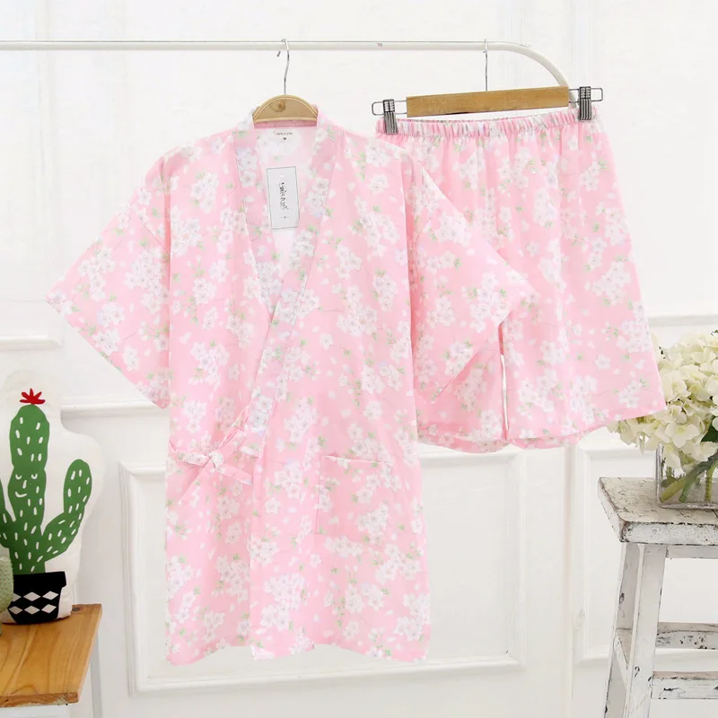Cherry floral Pink Летняя Милая женская пижама-кимоно с вишенками и цветочным рисунком кролика, тонкая хлопковая дышащая Пижама с героями мультфильмов, женские шорты, одежда для сна - Цвет: Cherry floral Pink