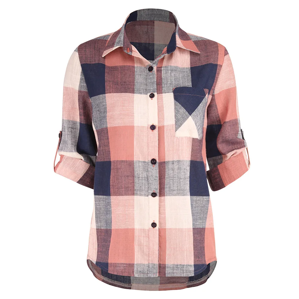 

Femme Blouse Blouse 2018 Women Casual Matching Color Long Sleeve Button Loose Plaid Shirt Blouse Top