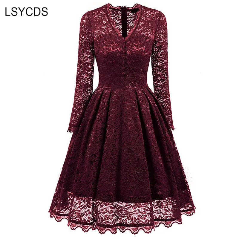 LSYCDS Lace Vintage Dress Women Long Sleeve V Neck Elegant Ladies Rockabilly Vestidos Winter Casual Office Party for Woman | Женская