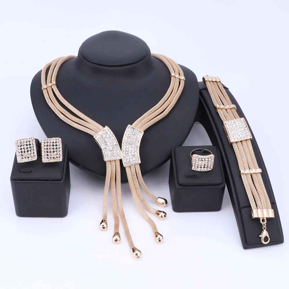 

Dubai Necklace Jewelry Sets For Women Tassel Pendant Crystal Earrings Bracelet Ring Gold Color Wedding Party Bijoux Accessories