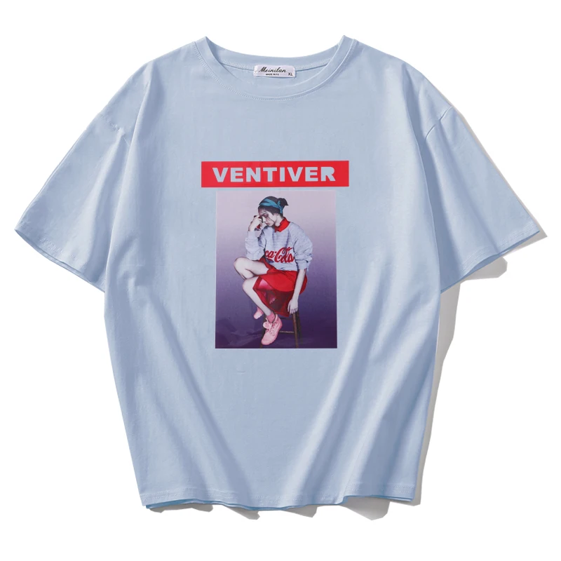 Женская туника базовая футболка с коротким рукавом и принтом 100% хлопок синий