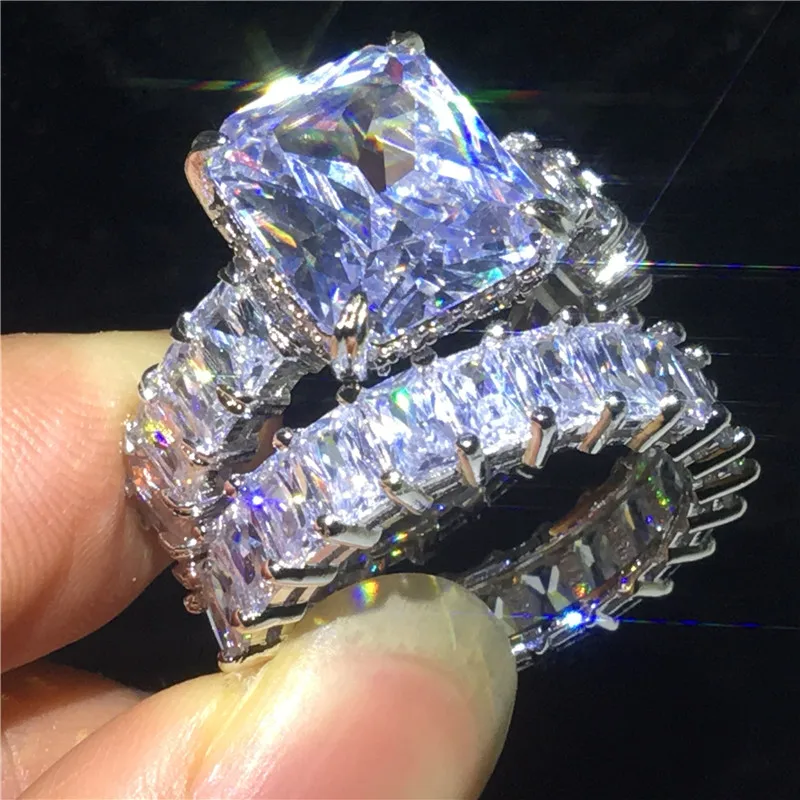 ring set Vecalon, винтажные наборы колец, серебро 925 пробы, принцесса, огранка, кубический цирконий, обручальное кольцо, кольца для мужчин и женщин, ювелирные изделия - Цвет основного камня: ring set