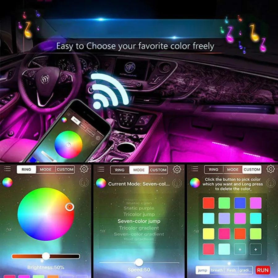 Подсветка салона автомобиля RGB Smart 4 шт. 36/48 светодиодов разноцветная музыка Bluetooth