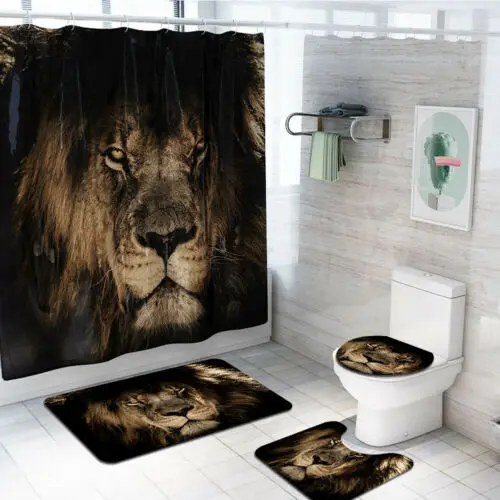 

4PCS/Set Bathroom Polyester Shower Curtain Non Slip Toilet Cover Rugs Mat Set