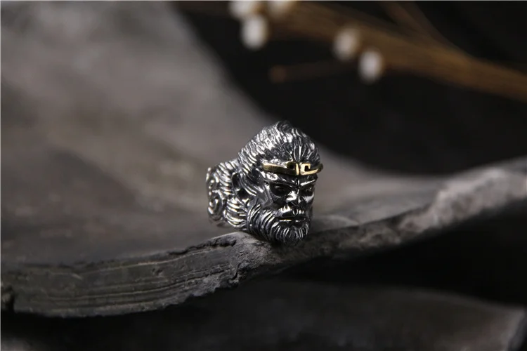 Ретро тайский серебряный Король обезьян King Kong S925 стерлингового серебра Для мужчин личности Открытые Кольца борьба