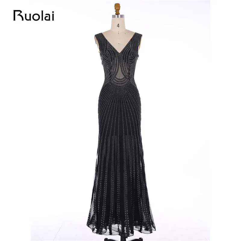 

Real Photo Black Prom Dresses 2019 V-Neck Mermaid Style Evening Dress Long Full Beaded Vestido de Fiesta Largo Elegante PD67