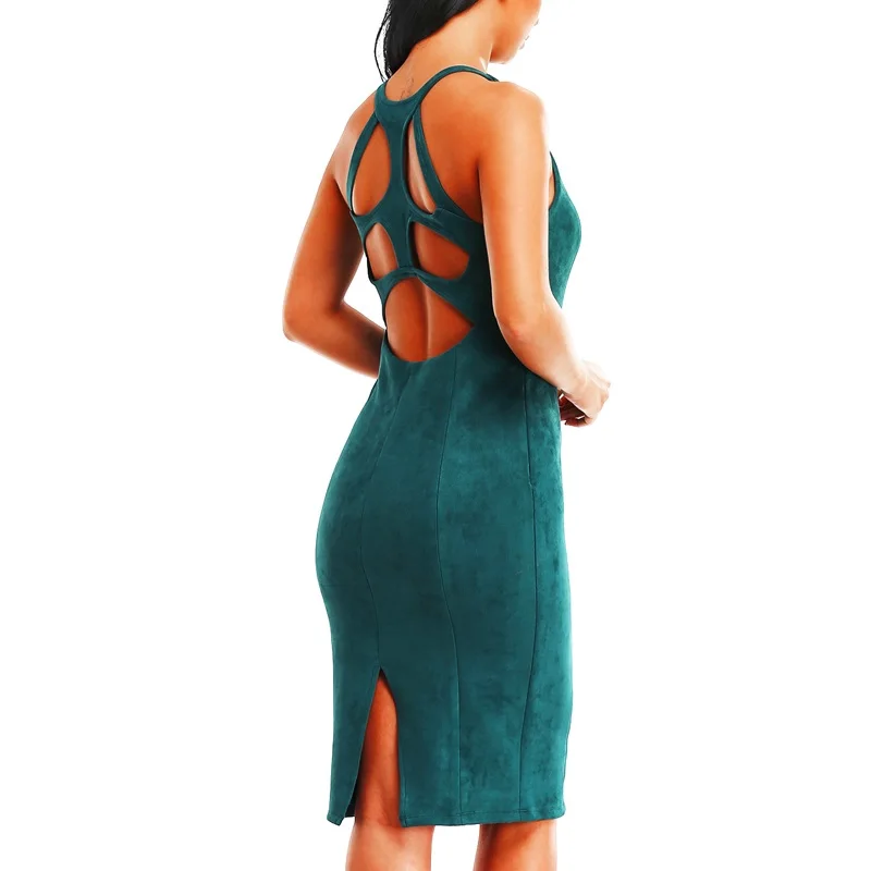 INDRESSME зеленое эластичное замшевое облегающее платье с вырезом и открытой