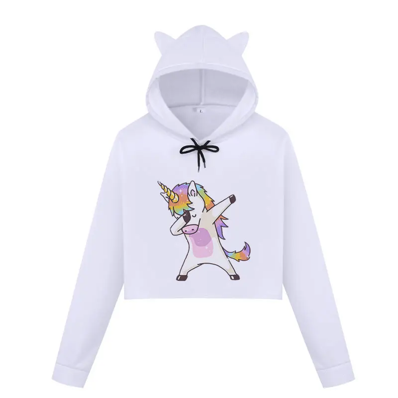 

Sweatshirt Women Hoodies Cartoon Kawaii Unicorn Print O-neck Long Sleeve Hoody Cropped Hoodie Moletom Feminino Harajuku Pullover