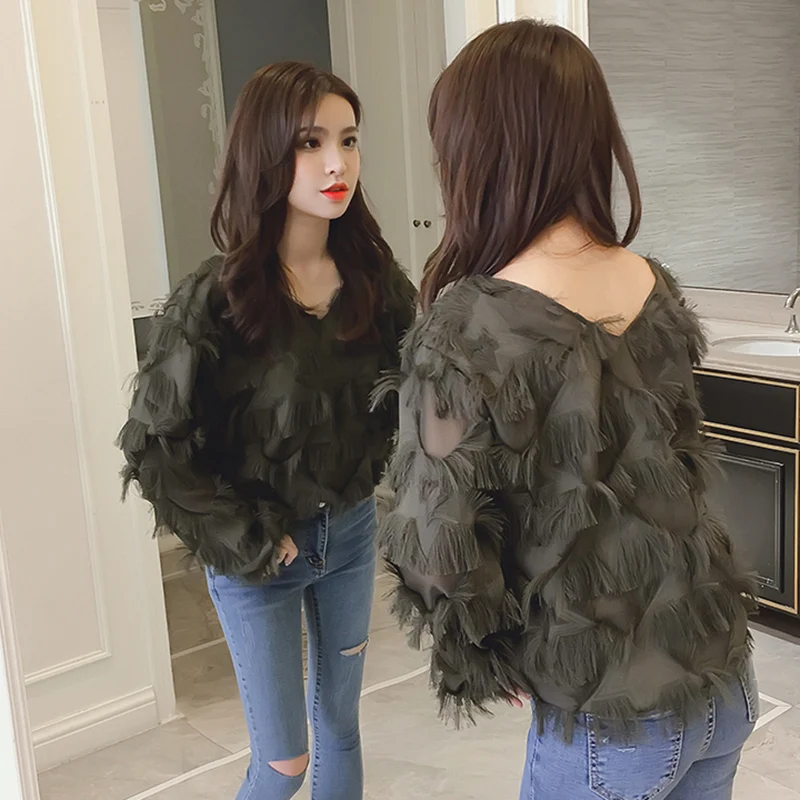 Blusas Mujer De Moda Новинка осени 2018 шифоновые Женские топы с кисточками и перьями