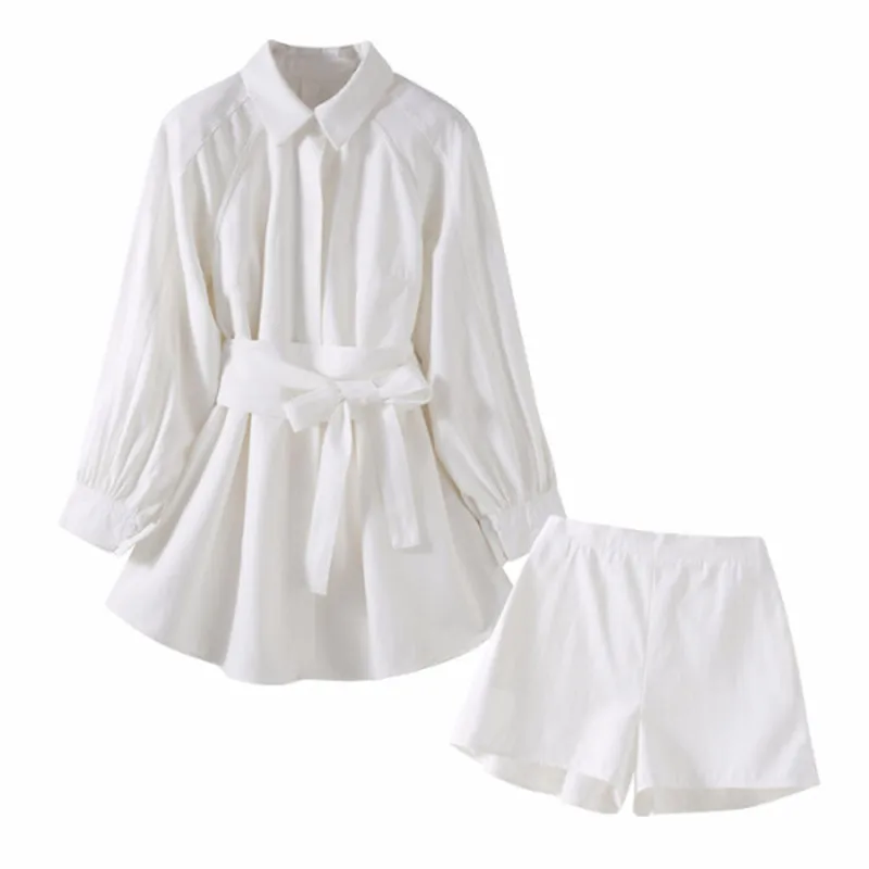 Женский комплект из двух предметов BLLOCUE белая длинная рубашка и шорты с рукавами