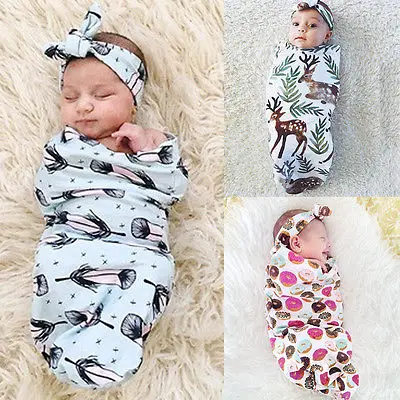 1PCS Baby Blanket+ Headband Print Photography Props DIY Stroller Swaddle Wrap Sleeping Bag Cute Headband Cover Play Mat Set