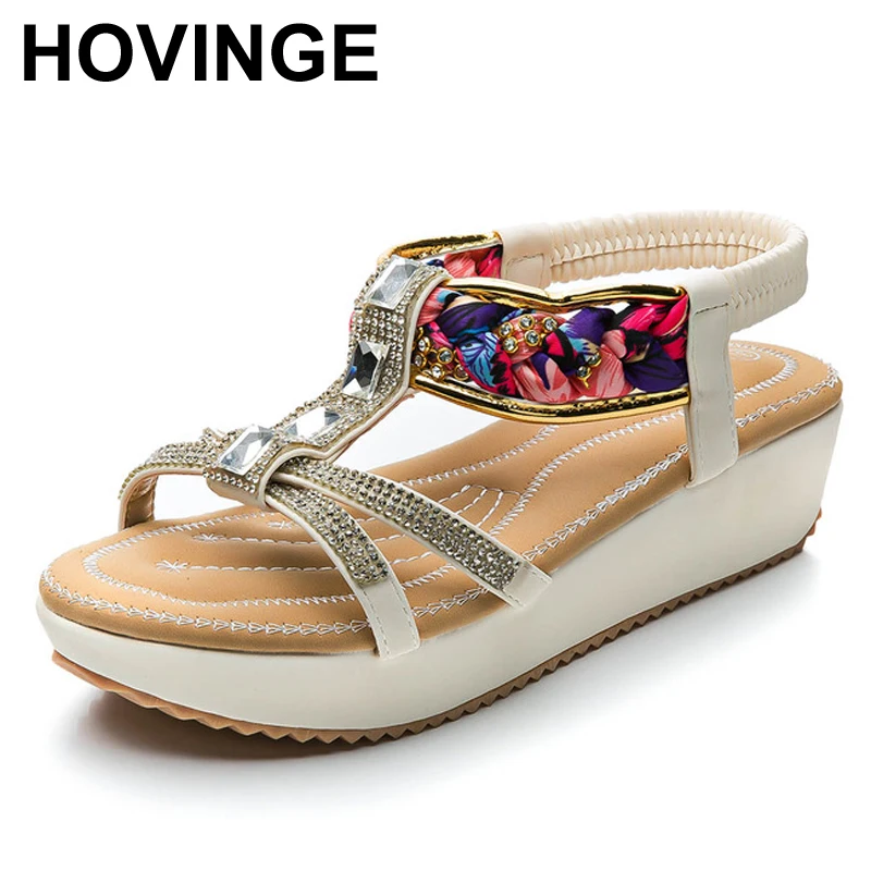 

HOVINGE Handcrafted Bohemia-like Crystals Stripes Women Wrapped Wedge Sandal Shoes ft. Comfort Statching Lambskin Foot-bed