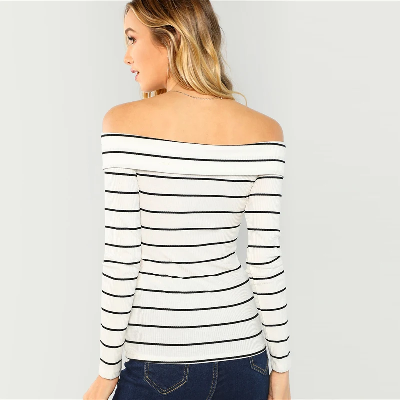 SHEIN Футболка В Полоску С Открытыми Плечами Женские Осенние Элегантные Топы С Длинными Рукавами