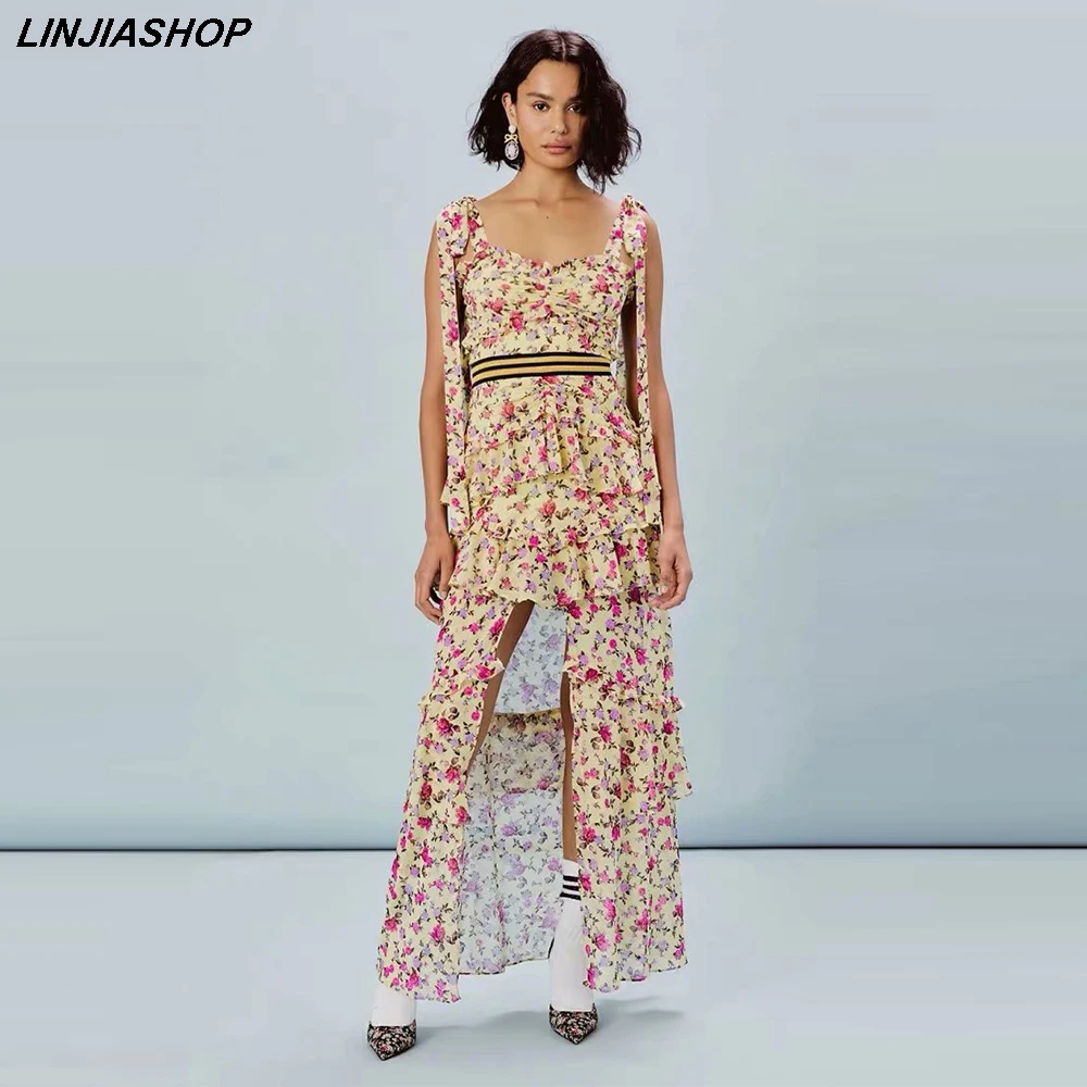 Элегантное Длинное желтое платье на бретельках с принтом в стиле бохо женское