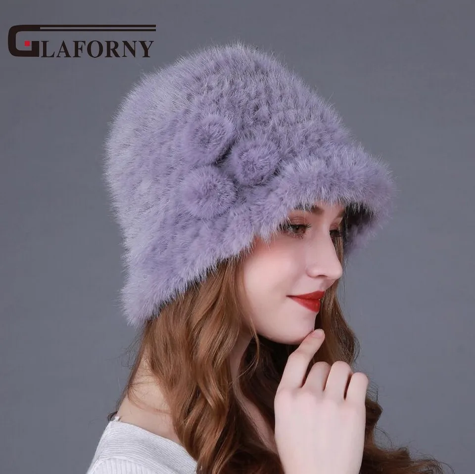 Glaforny 2017 натуральная вязаная норковая меховая Панама с цветком зимняя женская