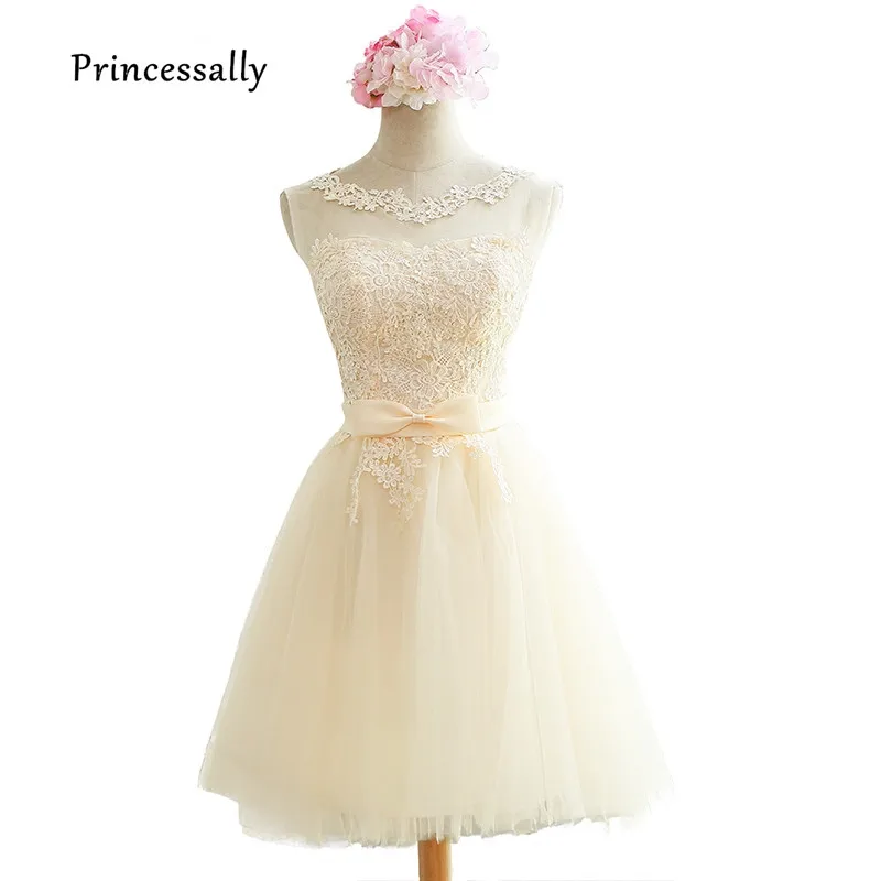 Vestido de festa/Новинка; кружевные платья подружки невесты цвета шампань; короткое платье без рукавов с цветочной вышивкой; дешевый Выпускной вечернее платье; платье до 50