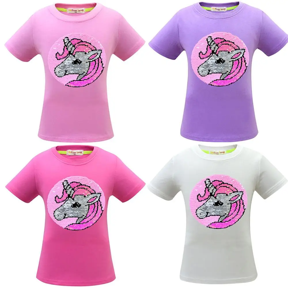 Футболка с единорогом летняя одежда для маленьких девочек Camiseta Unicornio, футболка топы для девочек, Femme, Детская футболка, Enfant, для дня рождения, цветная, с блестками