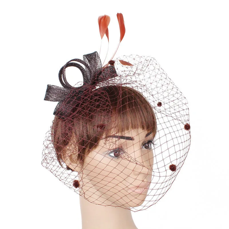 Коричневый JaneVini Винтаж золотые свадебные Шапки и Fascinators женские свадебные вечерние шляпа Перья для волос Pin чистая клетка покрывал Afrikaanse Hoed - Цвет: Коричневый