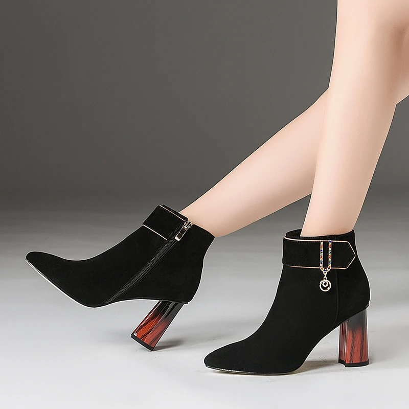 

ISNOM Winter Kid Suede Women Ankle Boots Zip Crystal Pointed Toe Footwear High Heels Female Boot Party Shoes Woman 2018 Black